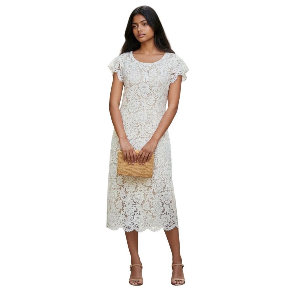 Vince Camuto Lace Open Back Sheath Dress Scalloped Sleeves White Size 16